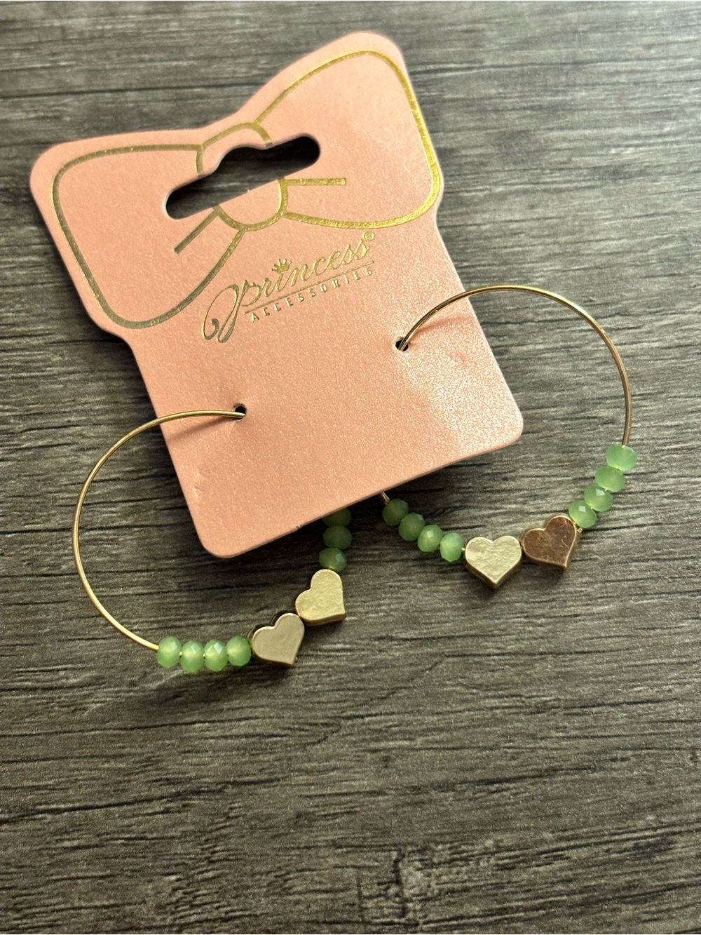 Green Bead & Gold Heart Children Hoop Earrings
